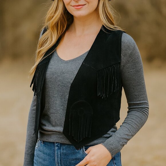 Idea Nuova VTG (One Size) Genuine Leather Black Western Fringe Vest - Picture 1 of 9